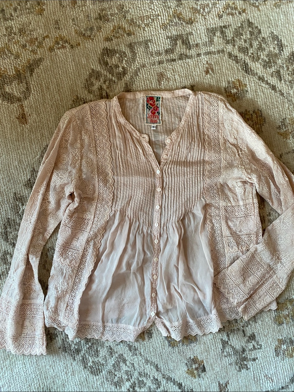 Johnny Was Blush Pink Lace Button-Front Blouse